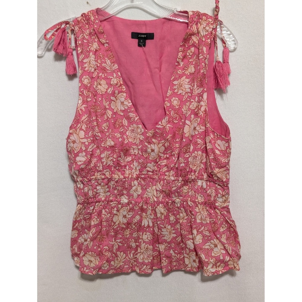 J.Crew Pink Floral Block Print Smocked Peplum Top with Tassel Ties Size S